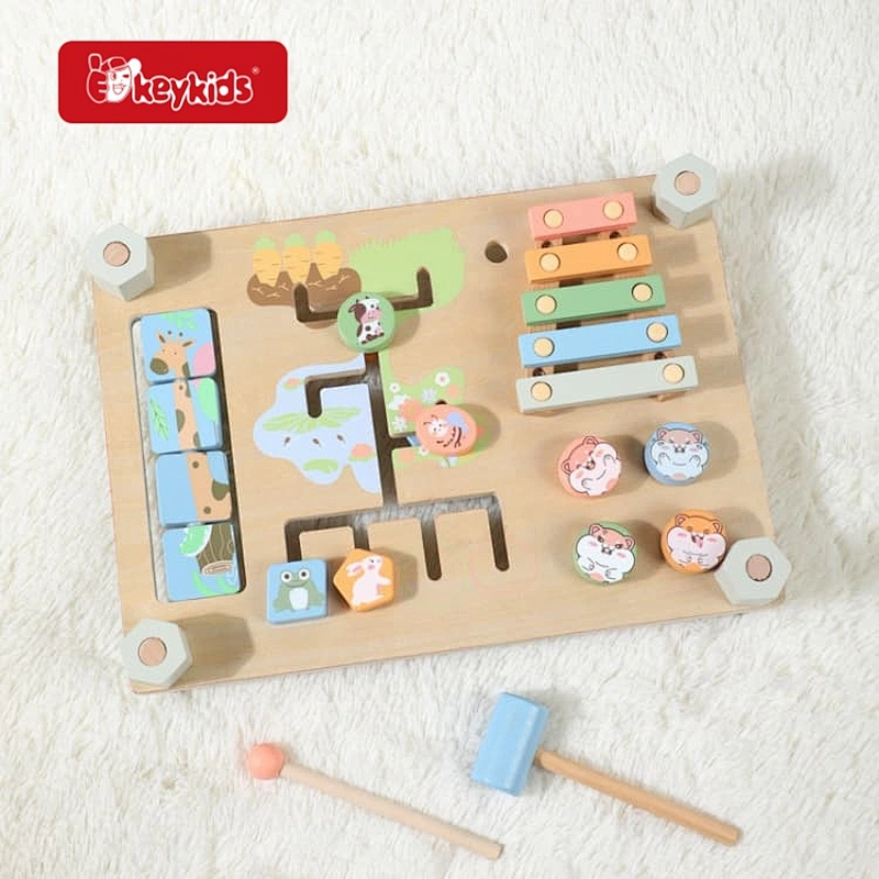 2026 New Reversible Wooden Busy Board, Montessori Activity Panel with Xylophone, Maze and Animal Sliders for Toddlers W12D930